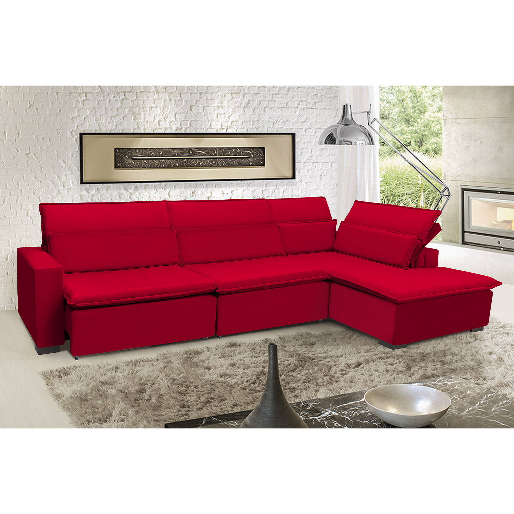 Sofá Istambul 3.80x2.10m Retrátil e Reclinável com Chaise - Vermelho