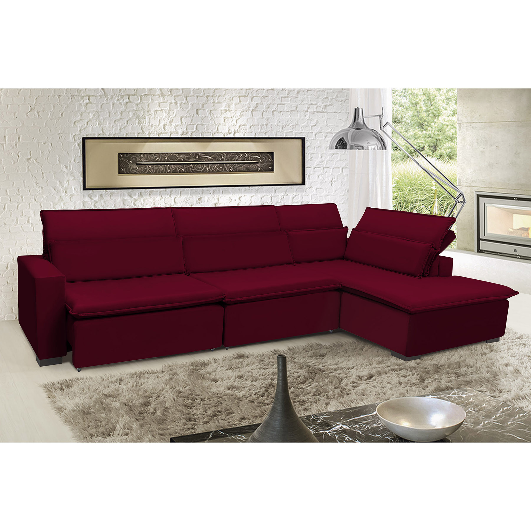 Sofá Istambul 3.80x2.10m Retrátil e Reclinável com Chaise - Vinho