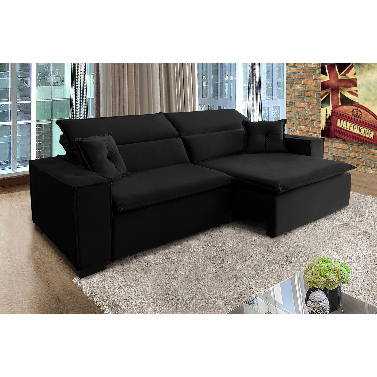 Sofá Londres 2.10m Retrátil e Reclinável Pillow Top - Preto