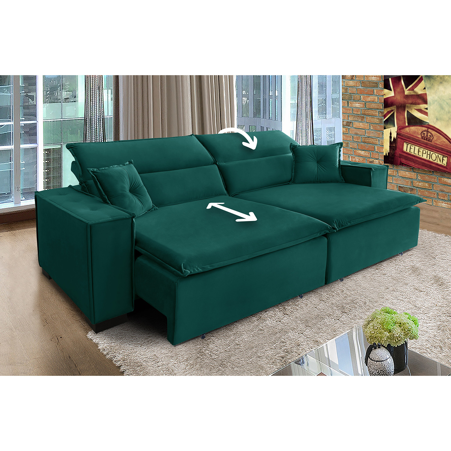 Sofá Londres 2.10m Retrátil e Reclinável Pillow Top - Verde