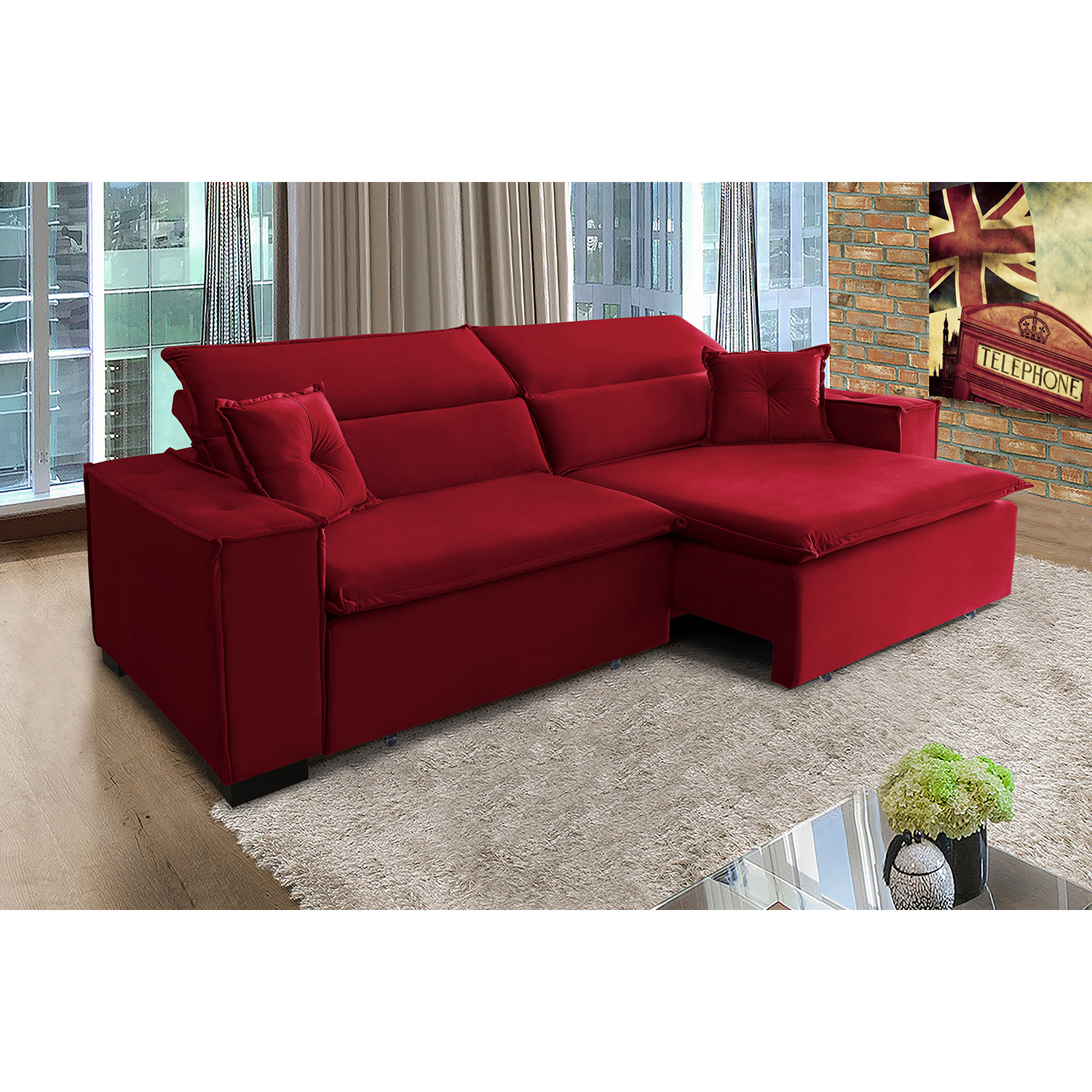 Sofá Londres 2.10m Retrátil e Reclinável Pillow Top - Vermelho