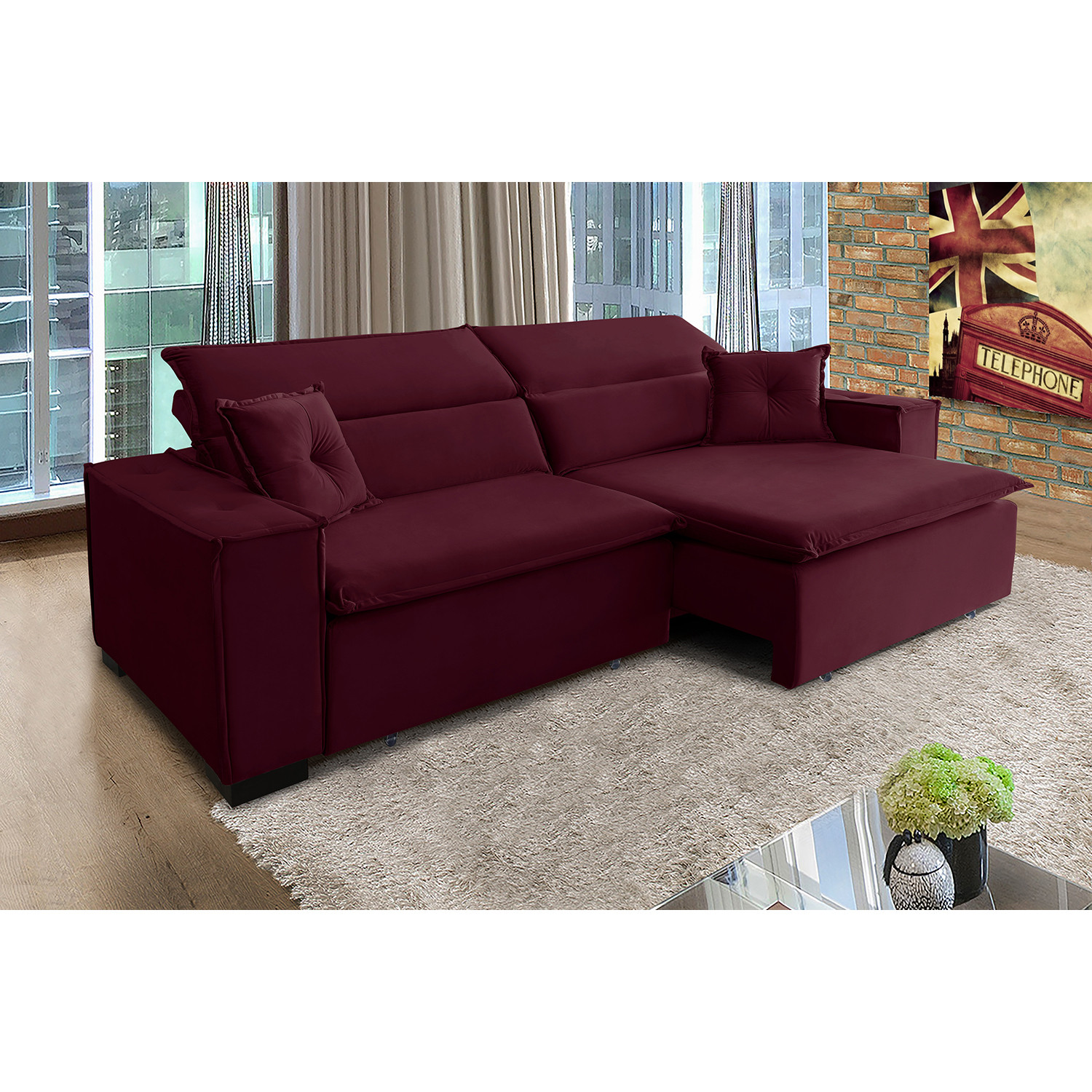 Sofá Londres 2.10m Retrátil e Reclinável Pillow Top - Vinho