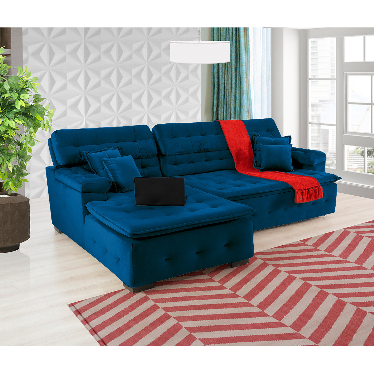 Sofá Orlando 2.20x2.10m com Chaise, Retrátil e Reclinável - Azul