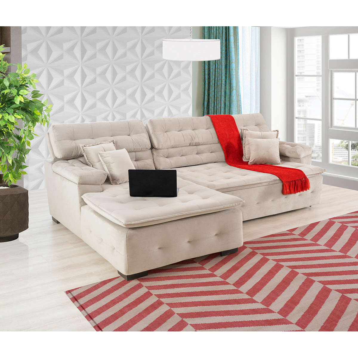 Sofá Orlando 2.20x1.90m com Chaise, Retrátil e Reclinável - Bege