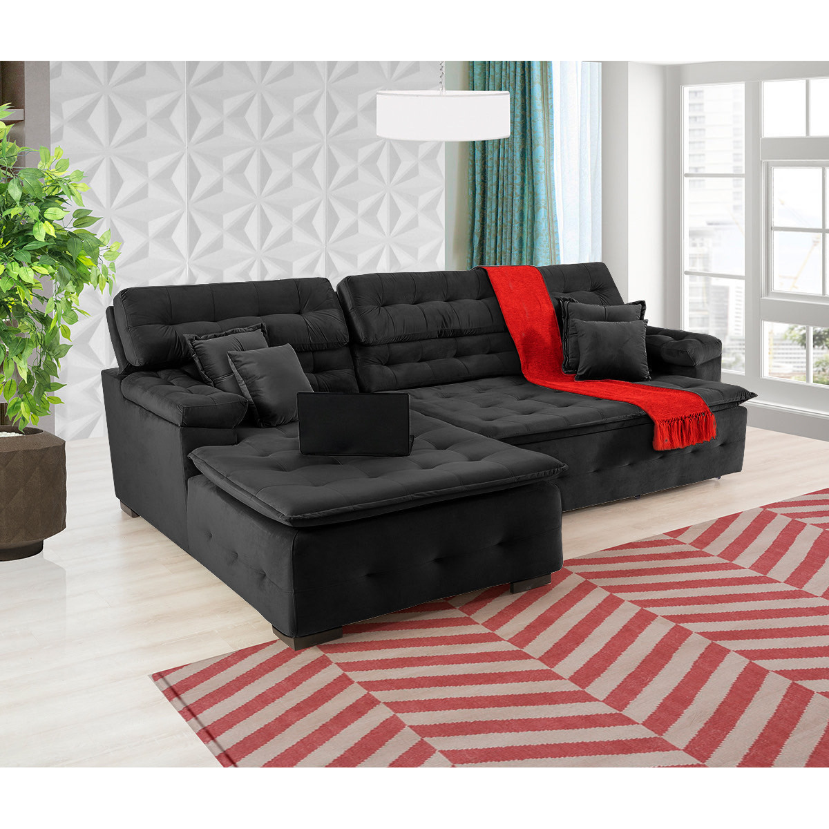 Sofá Orlando 2.20x2.10m com Chaise, Retrátil e Reclinável - Preto