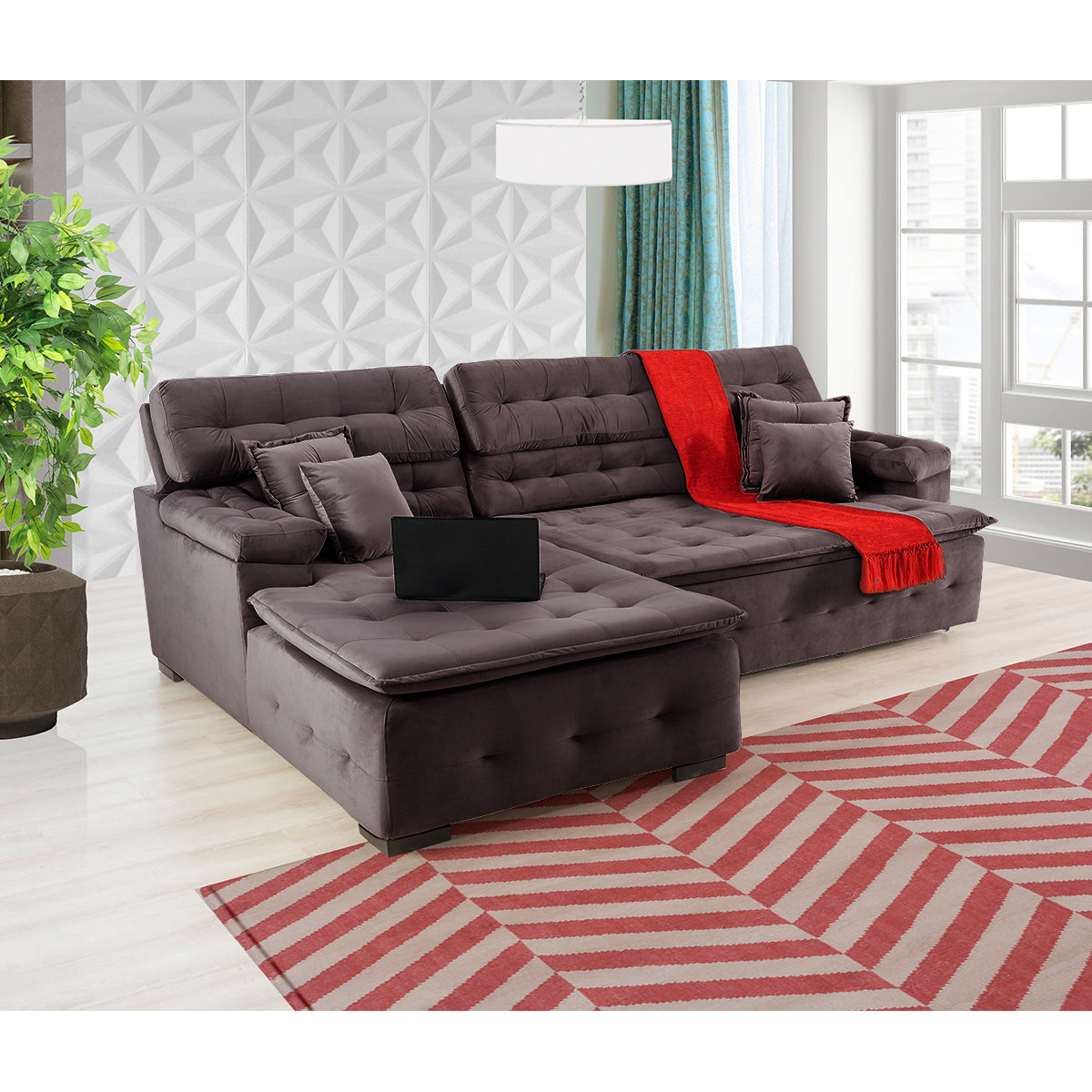 Sofá Orlando 2.20x2.10m com Chaise, Retrátil e Reclinável - Marrom