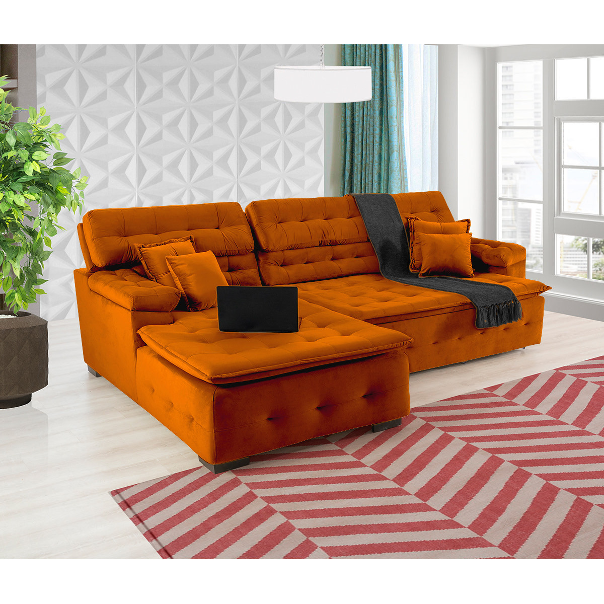 Sofá Orlando 2.20x2.10m com Chaise, Retrátil e Reclinável - Terra