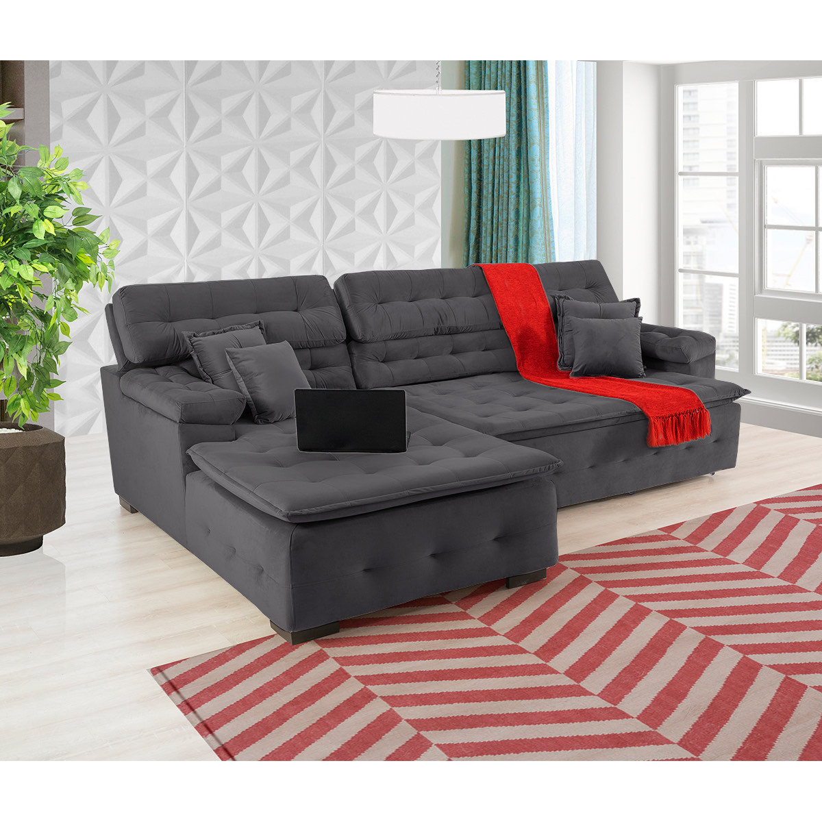 Sofá Orlando 2.20x2.10m com Chaise, Retrátil e Reclinável - Chumbo