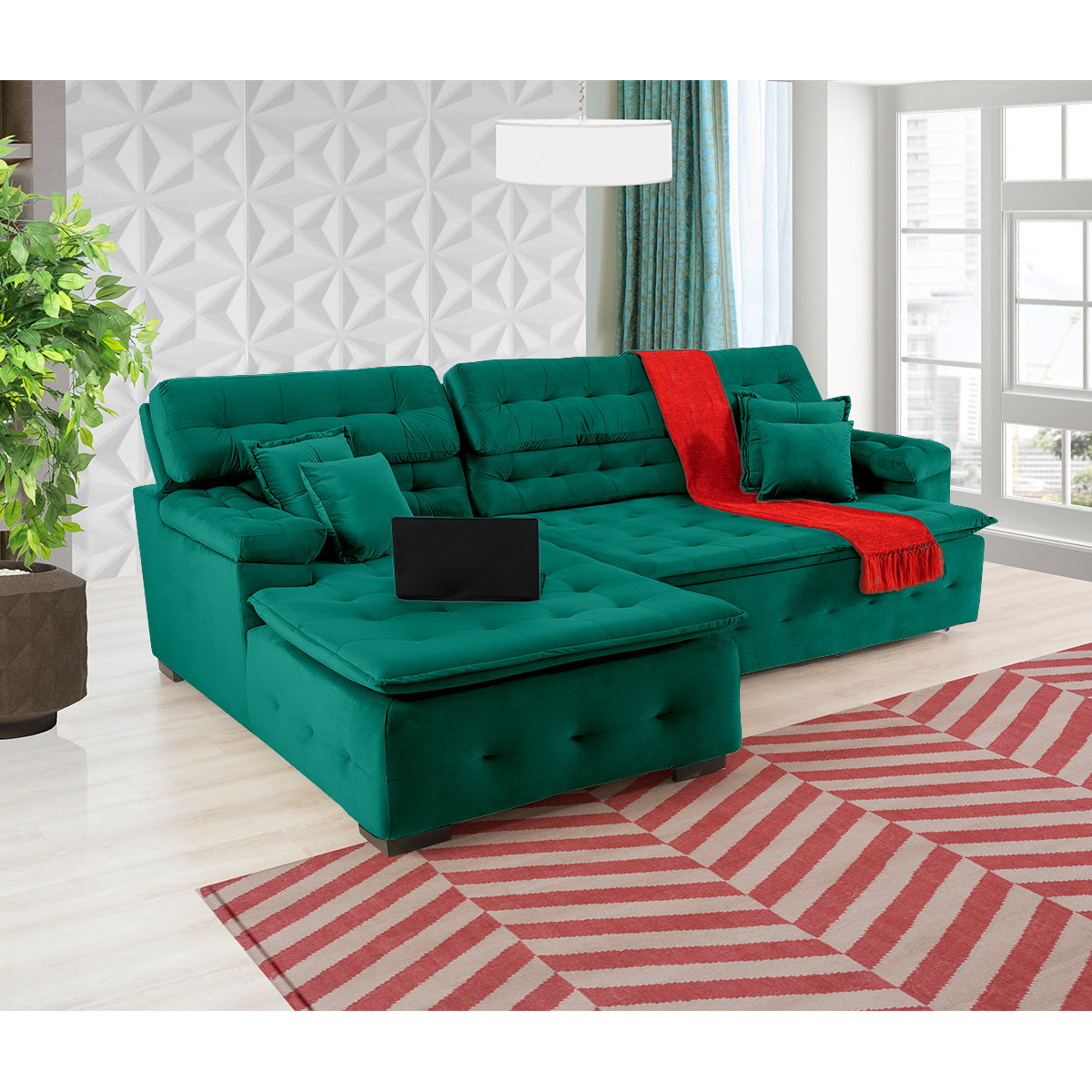 Sofá Orlando 2.20x2.10m com Chaise, Retrátil e Reclinável - Verde