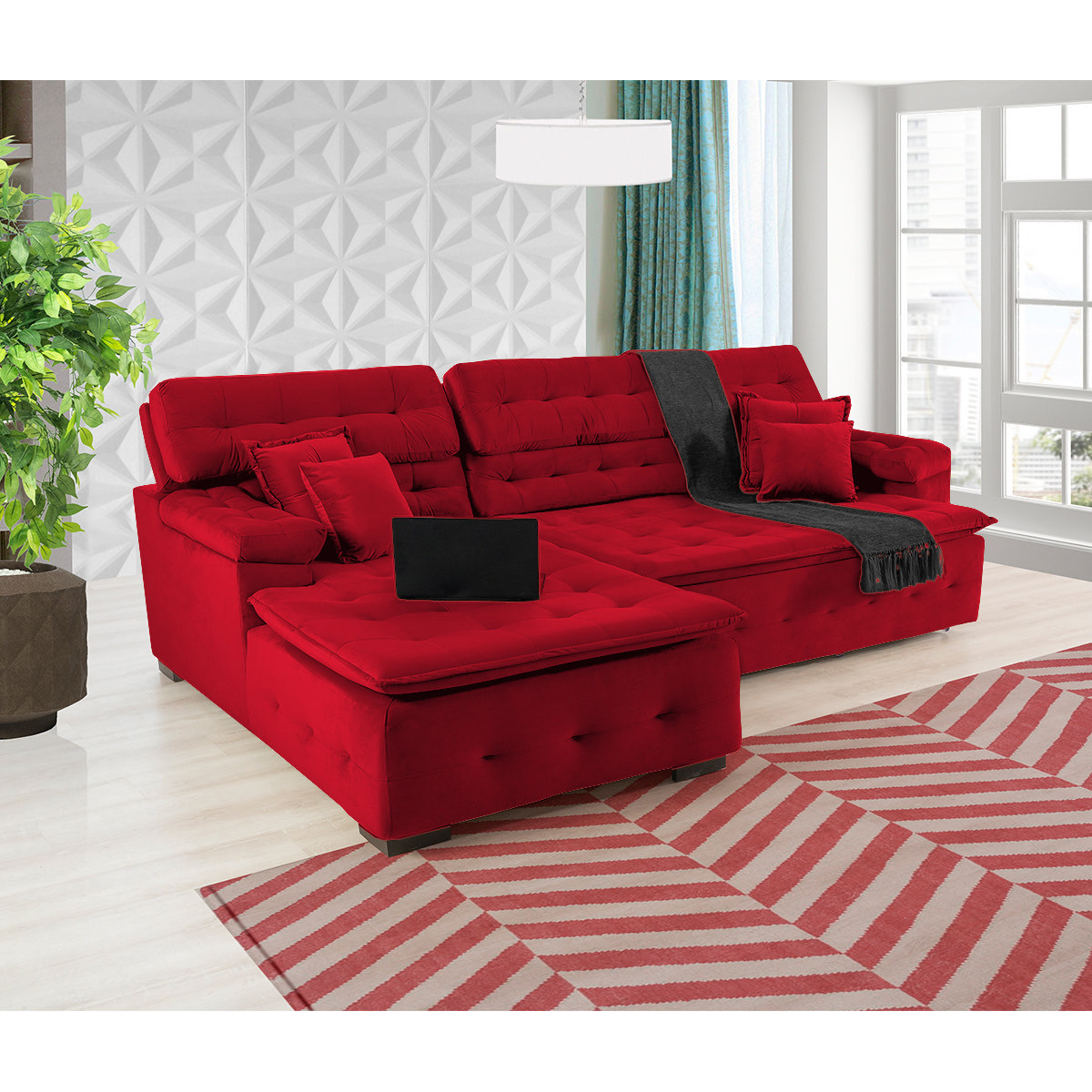 Sofá Orlando 2.20x2.10m com Chaise, Retrátil e Reclinável - Vermelho