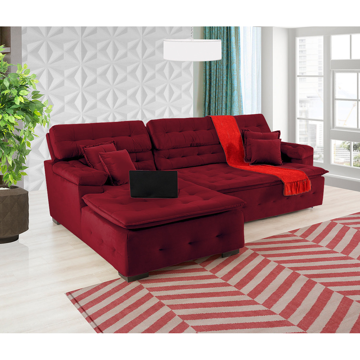 Sofá Orlando 2.20x2.10m com Chaise, Retrátil e Reclinável - Vinho