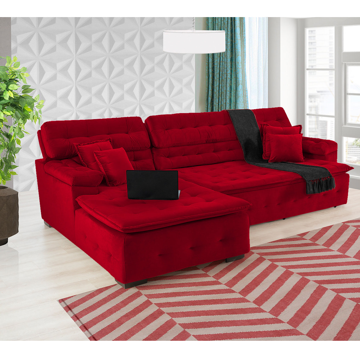 Sofá Orlando 2.40x1.70m com Chaise, Retrátil e Reclinável - Vermelho