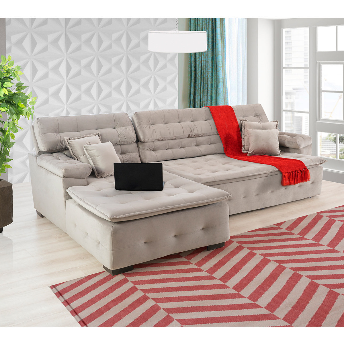 Sofá Orlando 2.40x1.90m com Chaise, Retrátil e Reclinável - Avelã