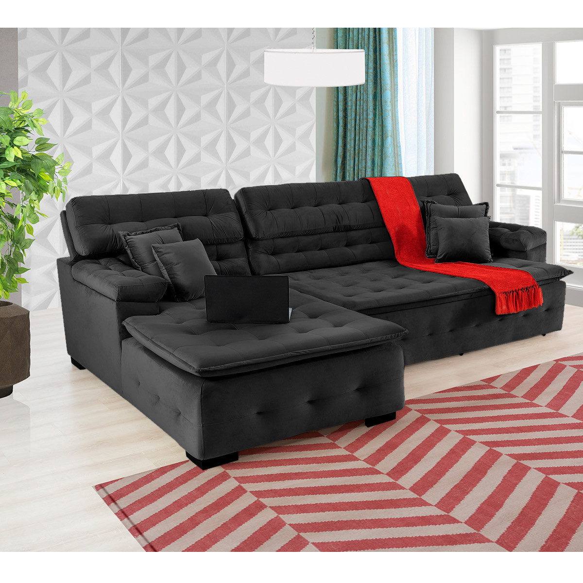 Sofá Orlando 2.40x1.90m com Chaise, Retrátil e Reclinável - Preto