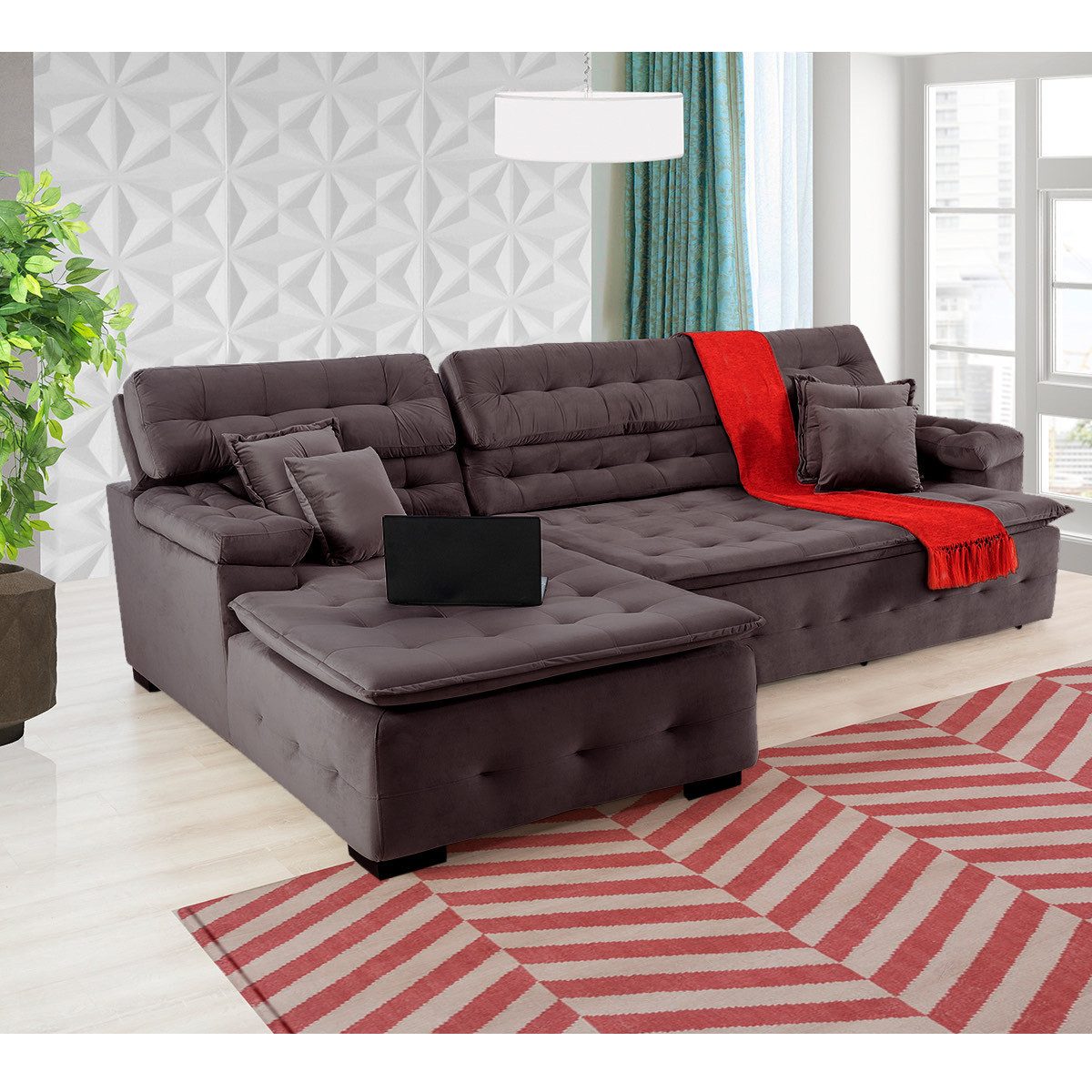 Sofá Orlando 2.40x1.90m com Chaise, Retrátil e Reclinável - Marrom