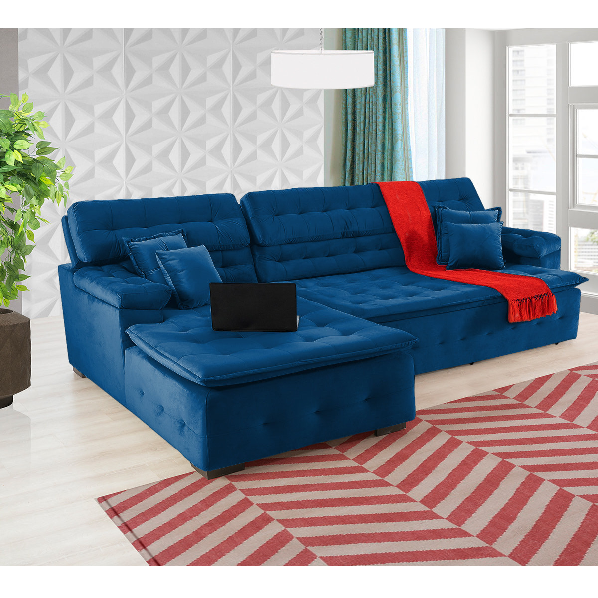 Sofá Orlando 2.40x2.10m com Chaise, Retrátil e Reclinável - Azul