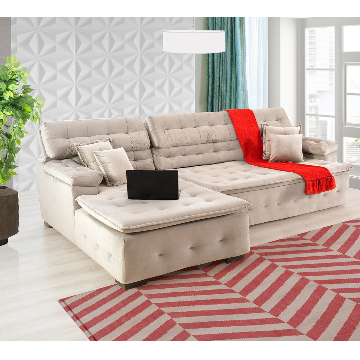 Sofá Orlando 2.40x2.10m com Chaise, Retrátil e Reclinável - Bege