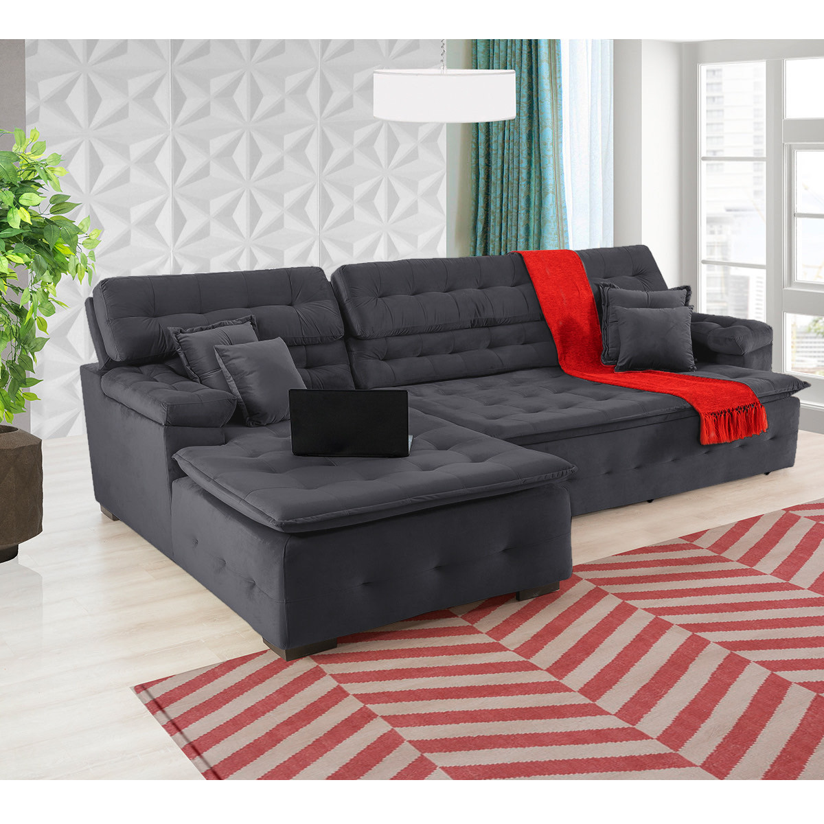 Sofá Orlando 2.40x2.10m com Chaise, Retrátil e Reclinável - Chumbo