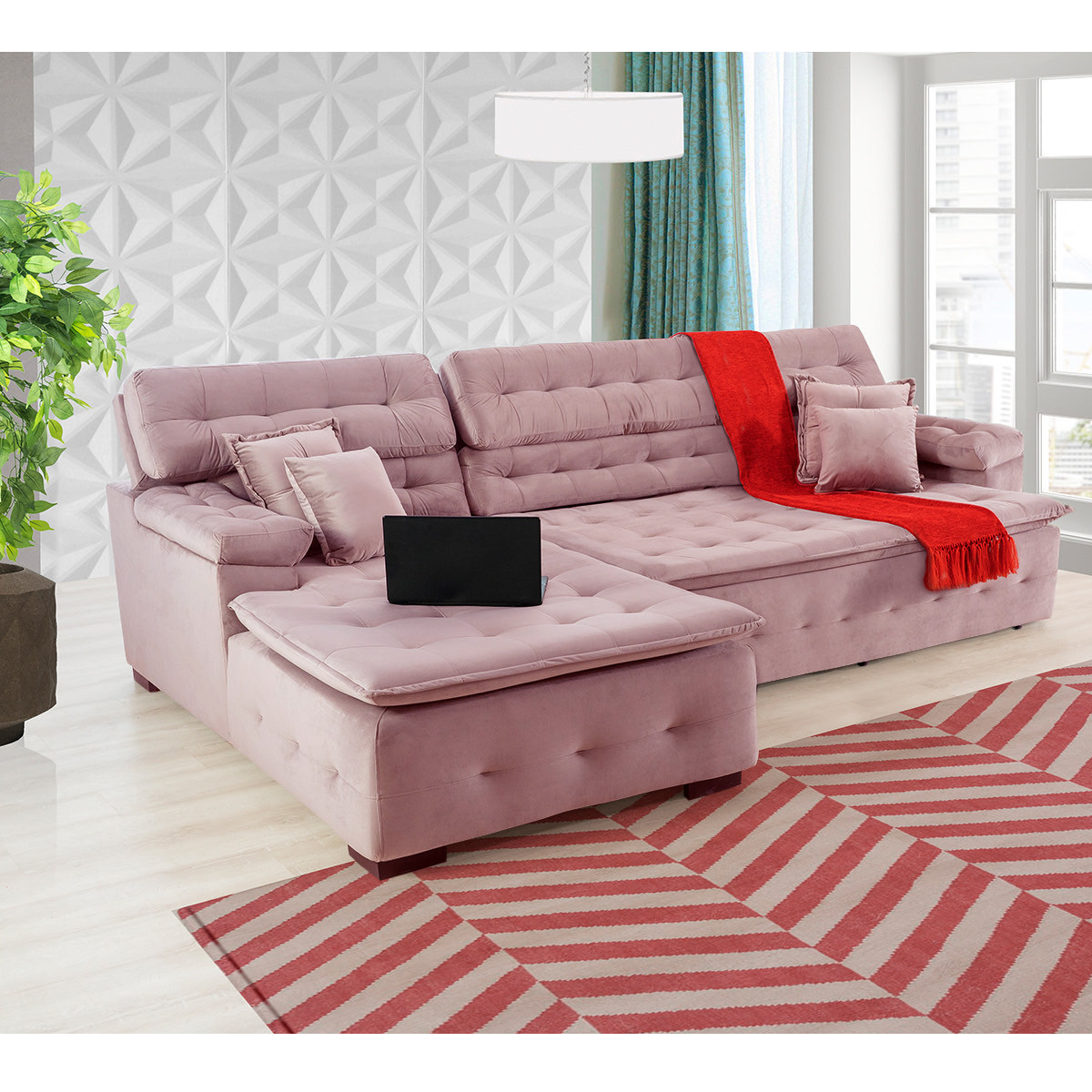 Sofá Orlando 2.40x2.10m com Chaise, Retrátil e Reclinável - Rosê