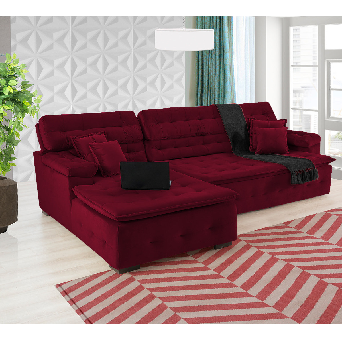 Sofá Orlando 2.40x1.50m com Chaise, Retrátil e Reclinável - Vinho