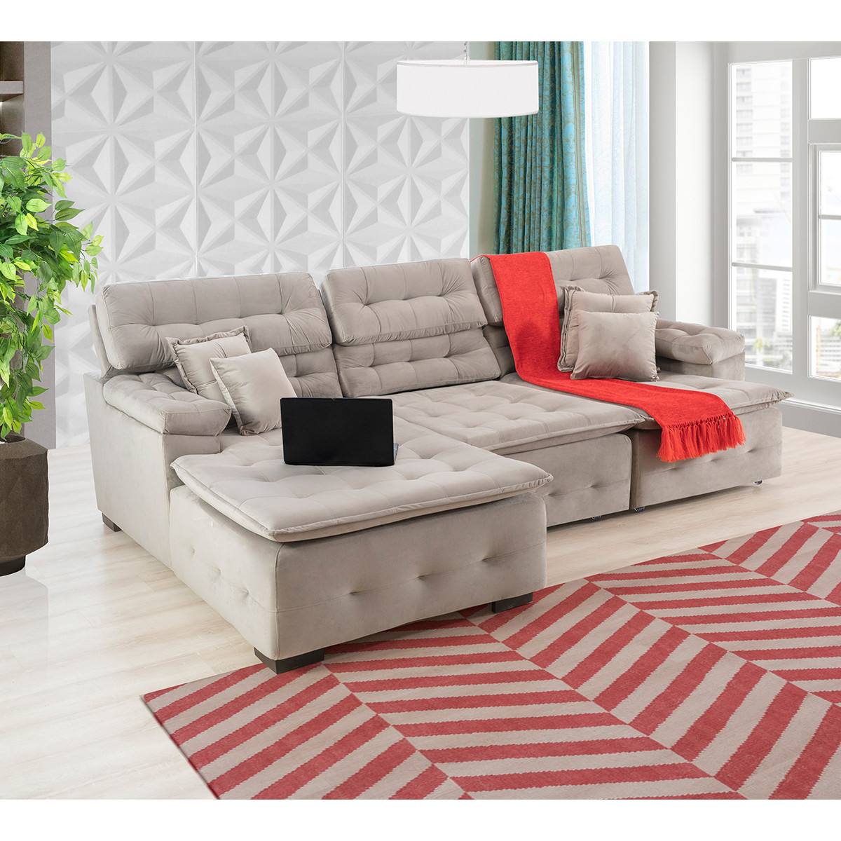 Sofá Orlando 2.80x2.10m com Chaise, Retrátil e Reclinável - Avelã