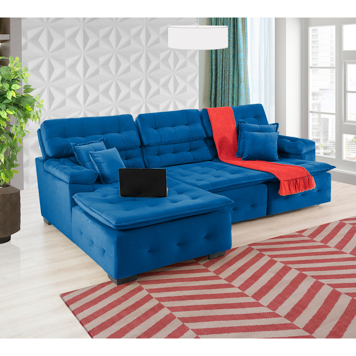 Sofá Orlando 2.80x2.10m com Chaise, Retrátil e Reclinável - Azul