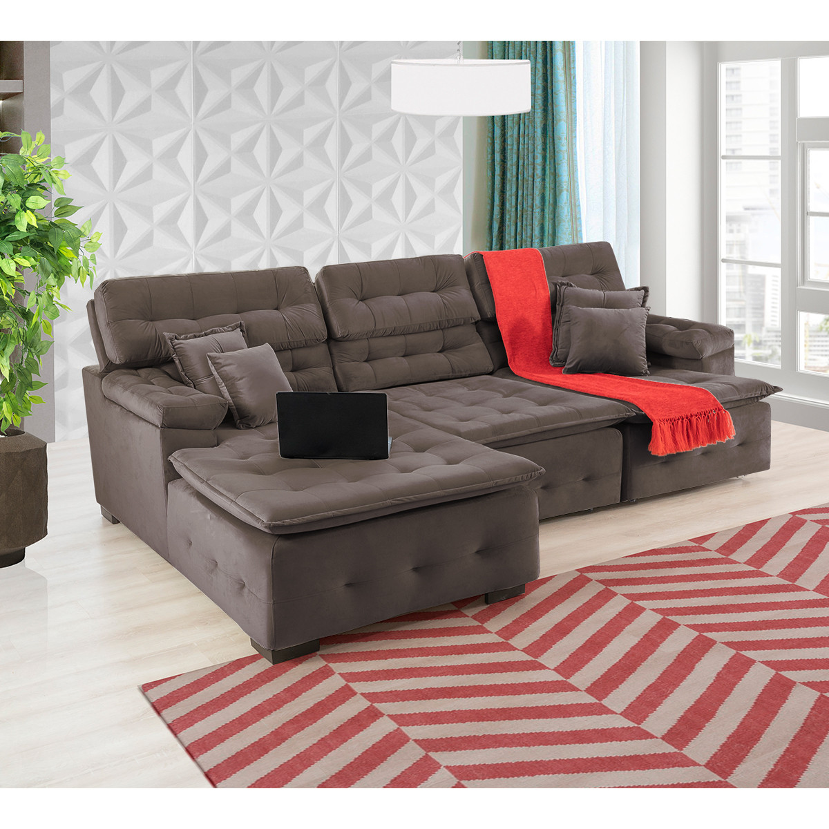 Sofá Orlando 2.80x1.90m com Chaise, Retrátil e Reclinável - Marrom