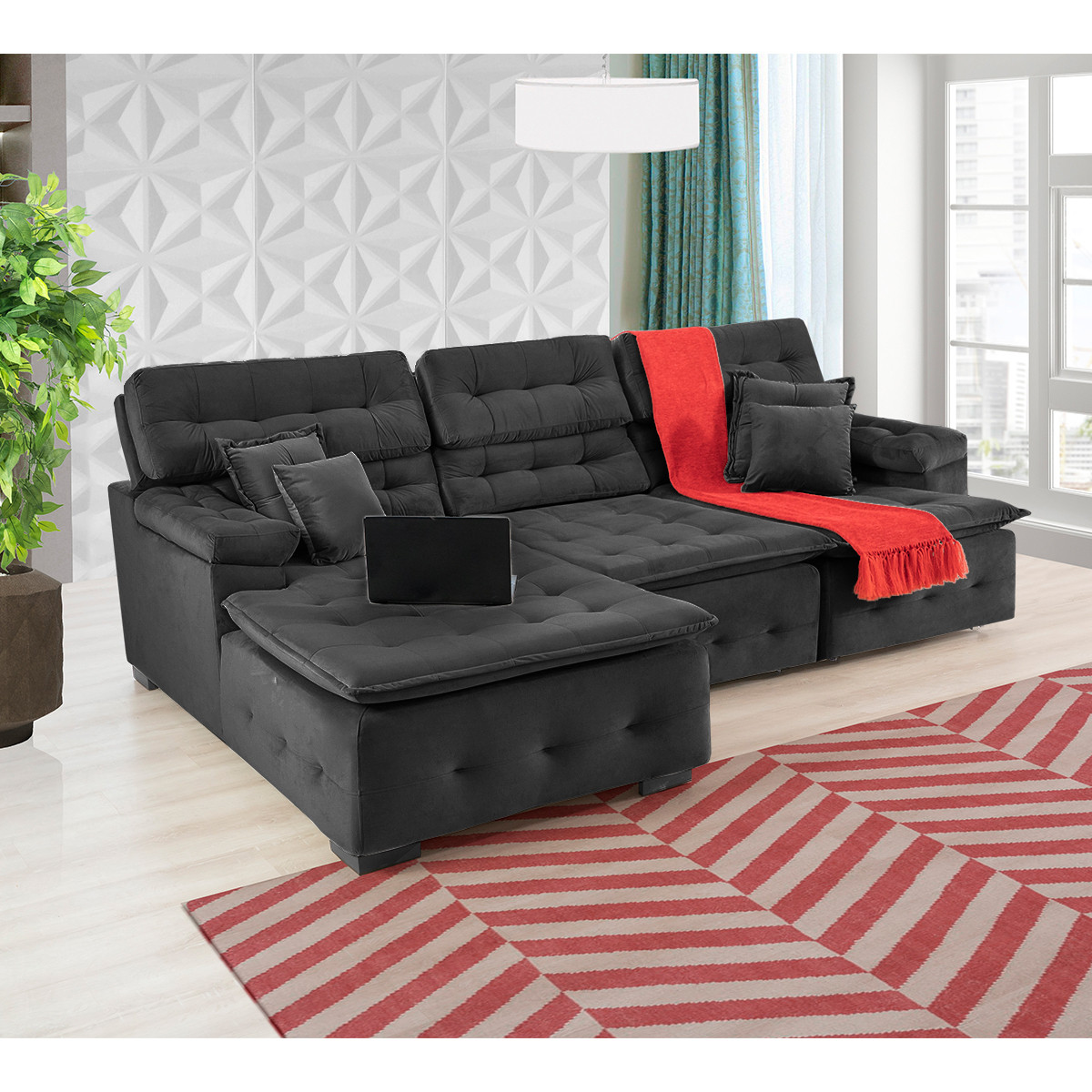 Sofá Orlando 2.80x2.10m com Chaise, Retrátil e Reclinável - Preto