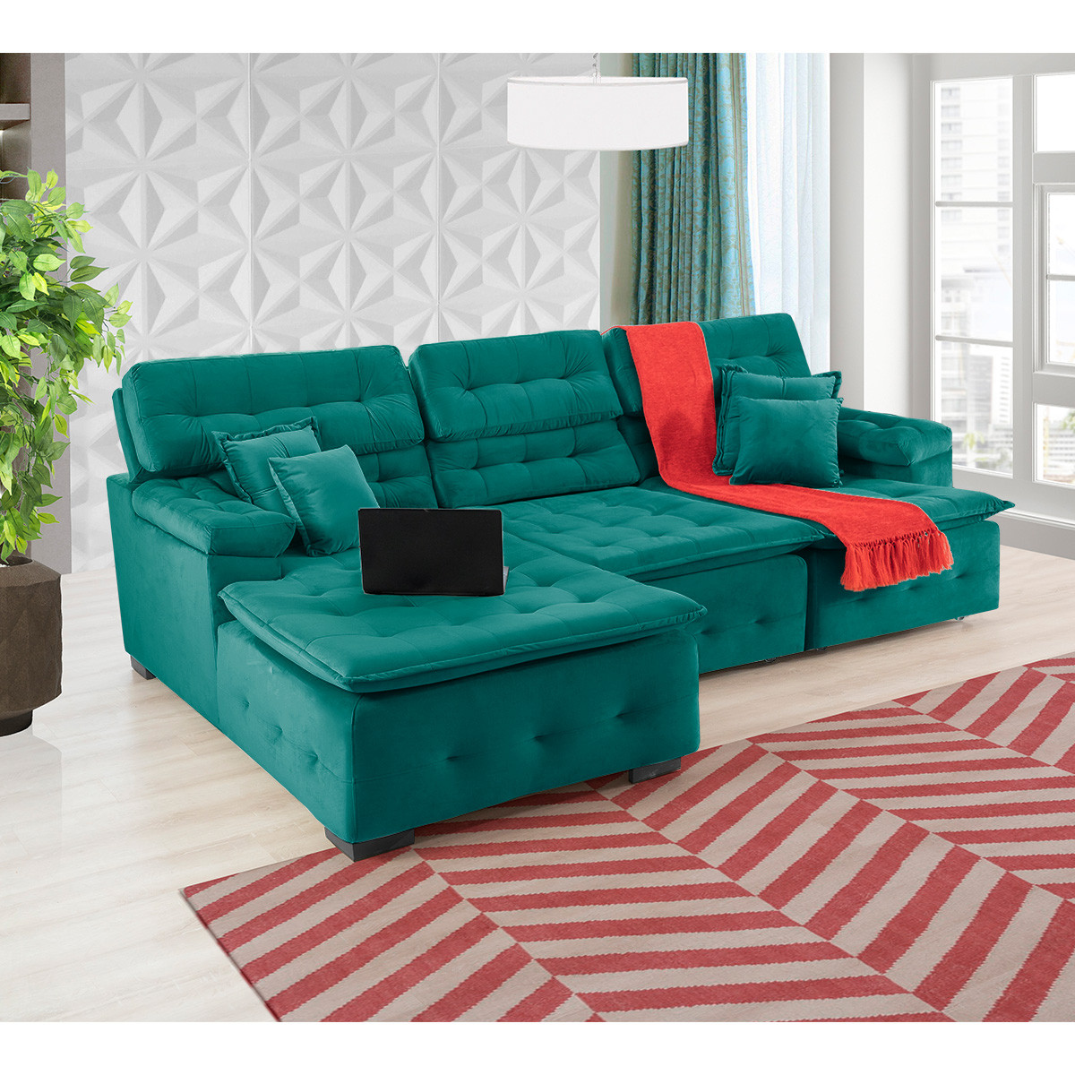 Sofá Orlando 2.80x2.10m com Chaise, Retrátil e Reclinável - Verde