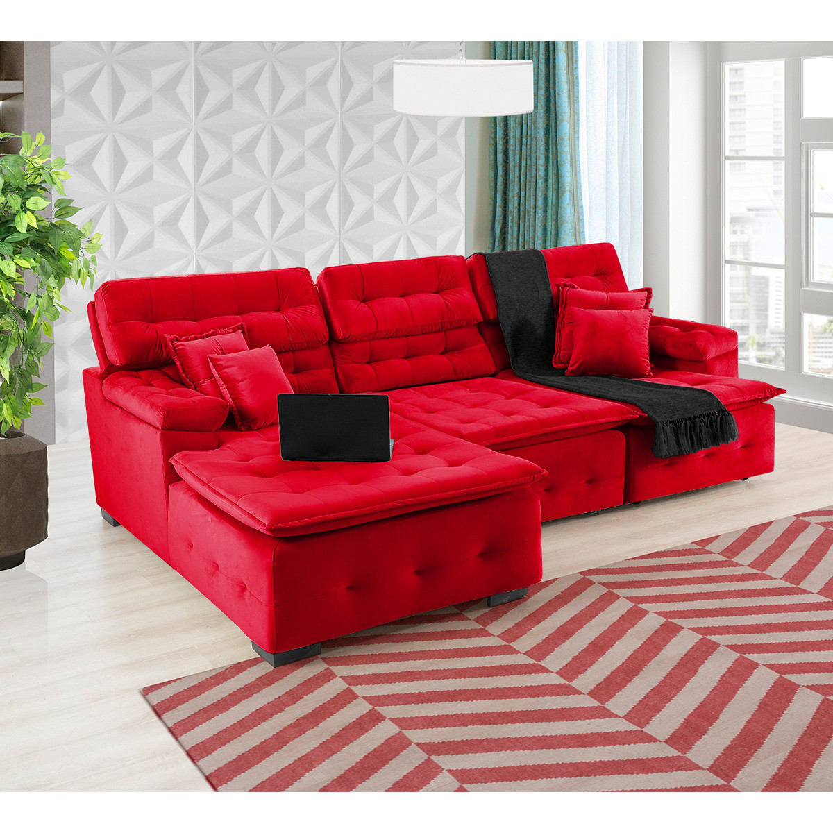 Sofá Orlando 2.80x2.10m com Chaise, Retrátil e Reclinável - Vermelho