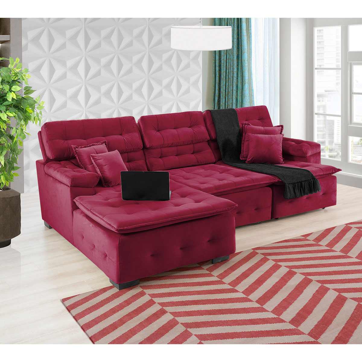 Sofá Orlando 2.80x2.10m com Chaise, Retrátil e Reclinável - Vinho