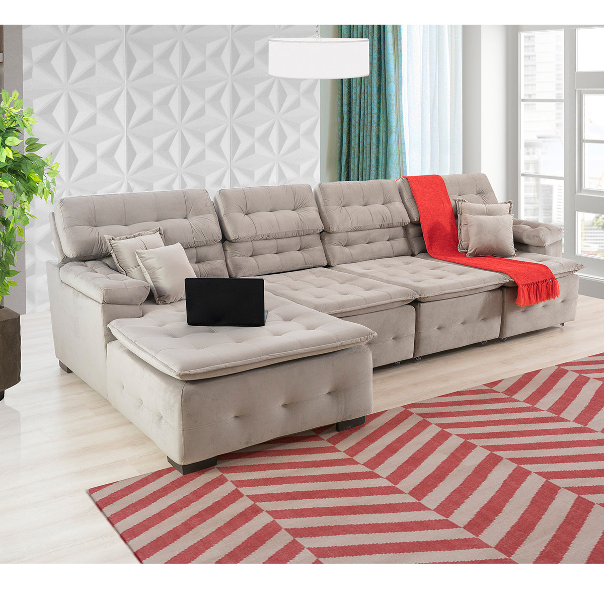 Sofá Orlando 3.45x2.10m com Chaise, Retrátil e Reclinável - Avelã