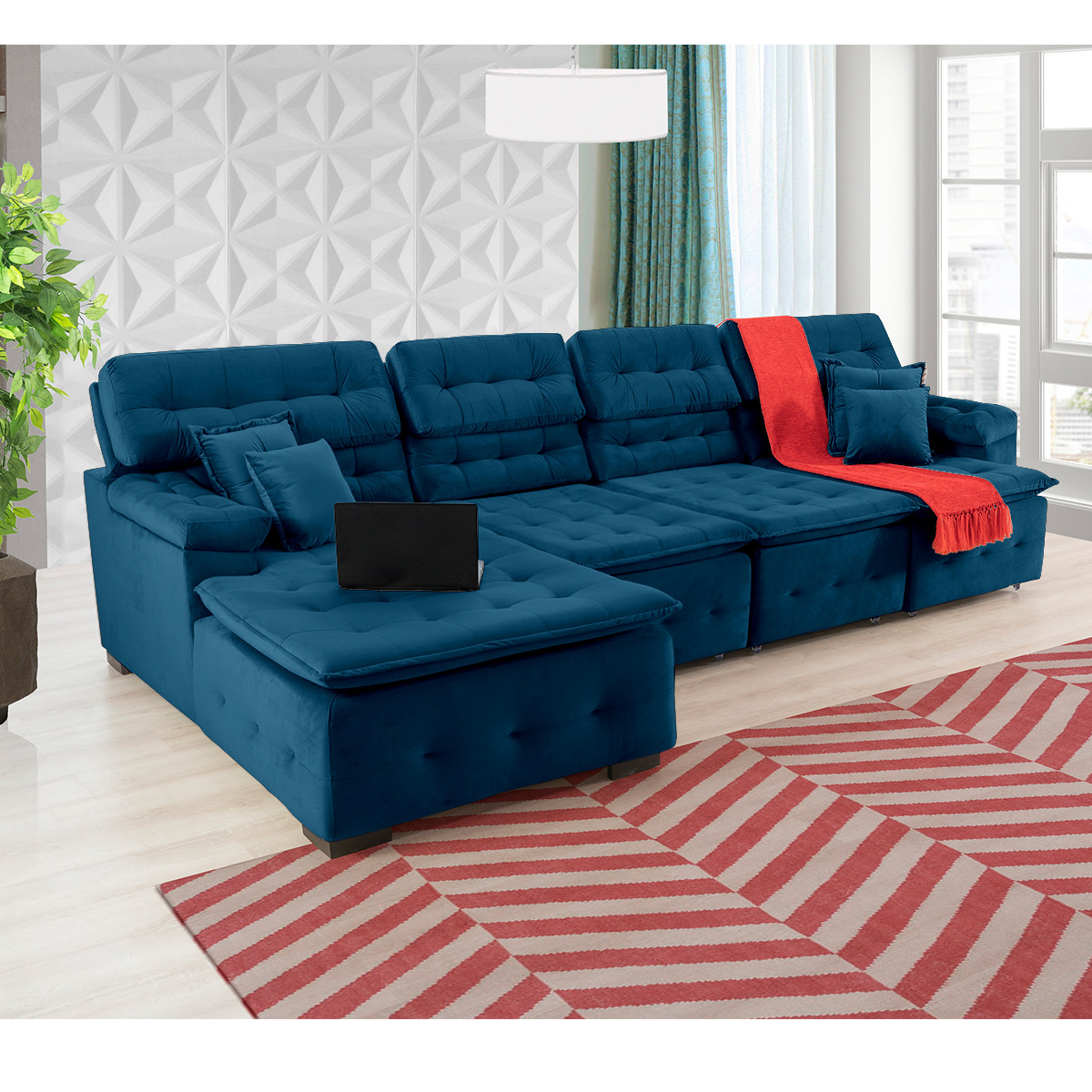 Sofá Orlando 3.45x1.90m com Chaise, Retrátil e Reclinável - Azul.