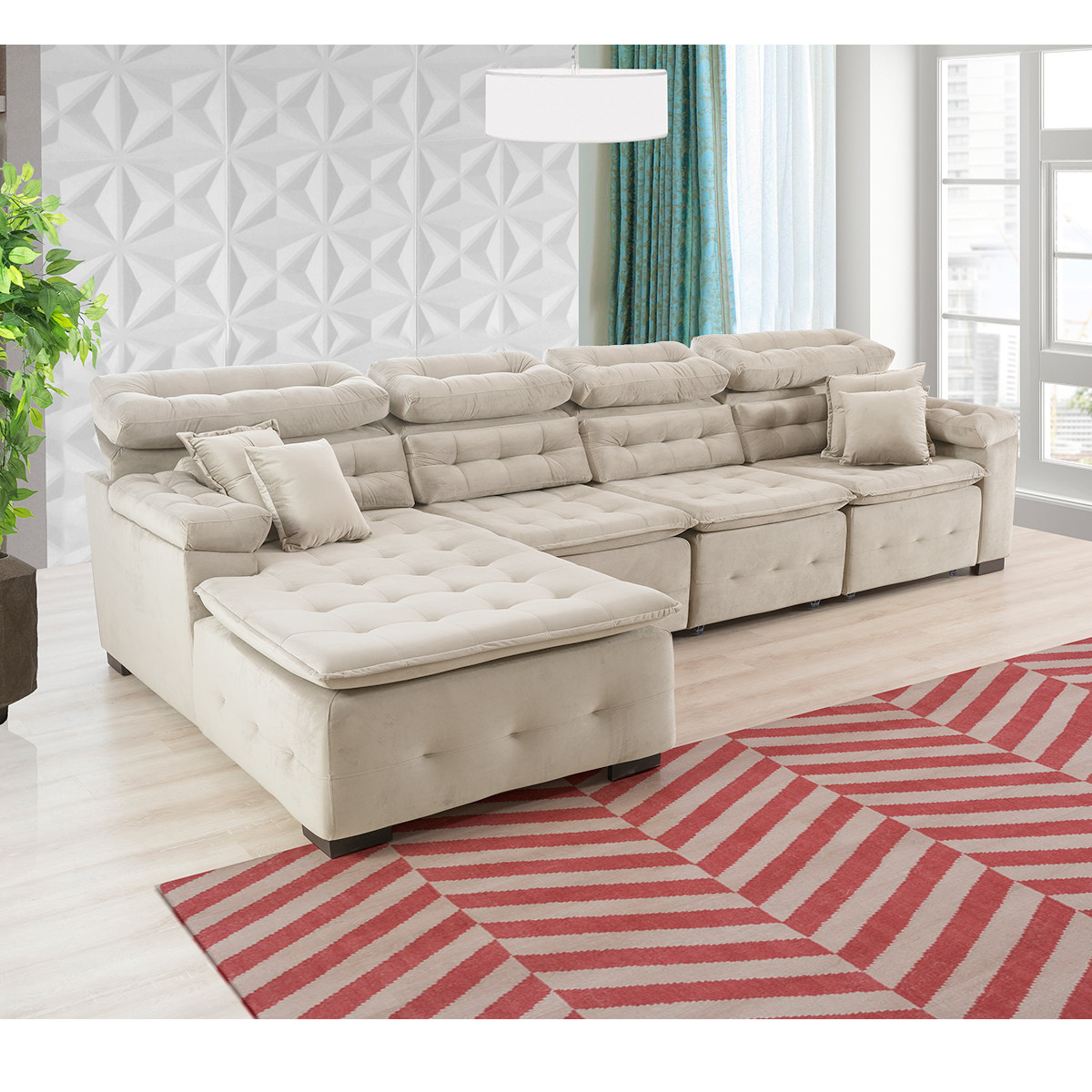 Sofá Orlando 3.30x2.10m com Chaise, Retrátil e Reclinável - Bege