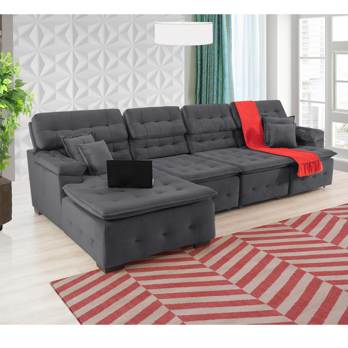 Sofá Orlando 3.45x2.10m com Chaise, Retrátil e Reclinável - Chumbo