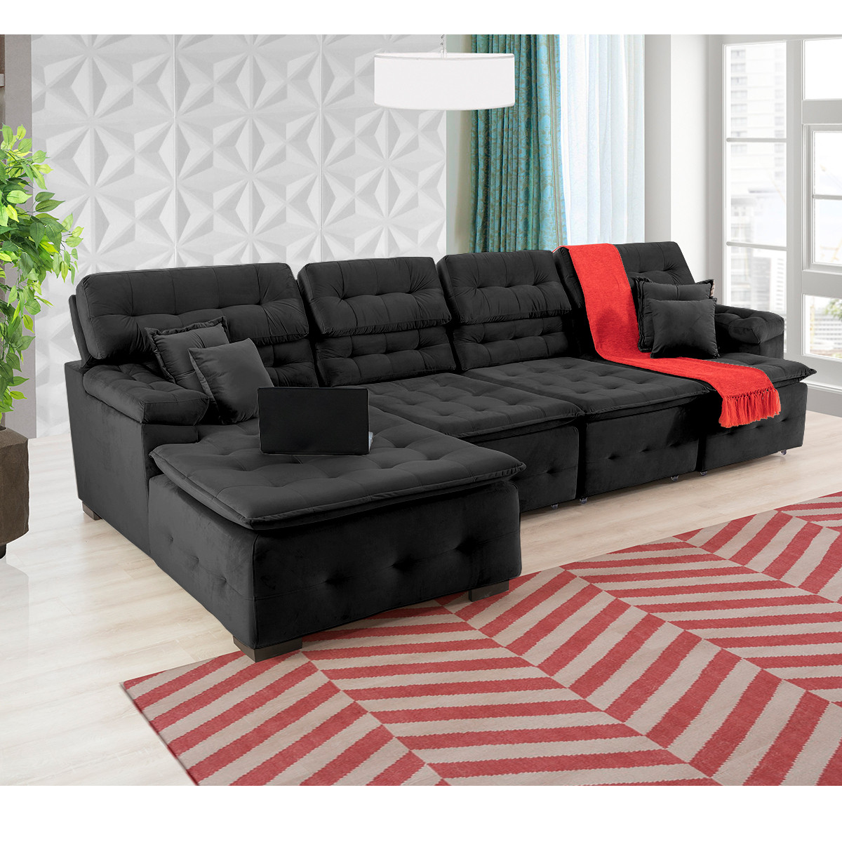 Sofá Orlando 3.45x2.10m com Chaise, Retrátil e Reclinável - Preto