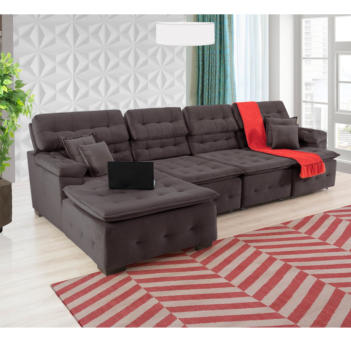 Sofá Orlando 3.45x1.90m com Chaise, Retrátil e Reclinável - Marrom