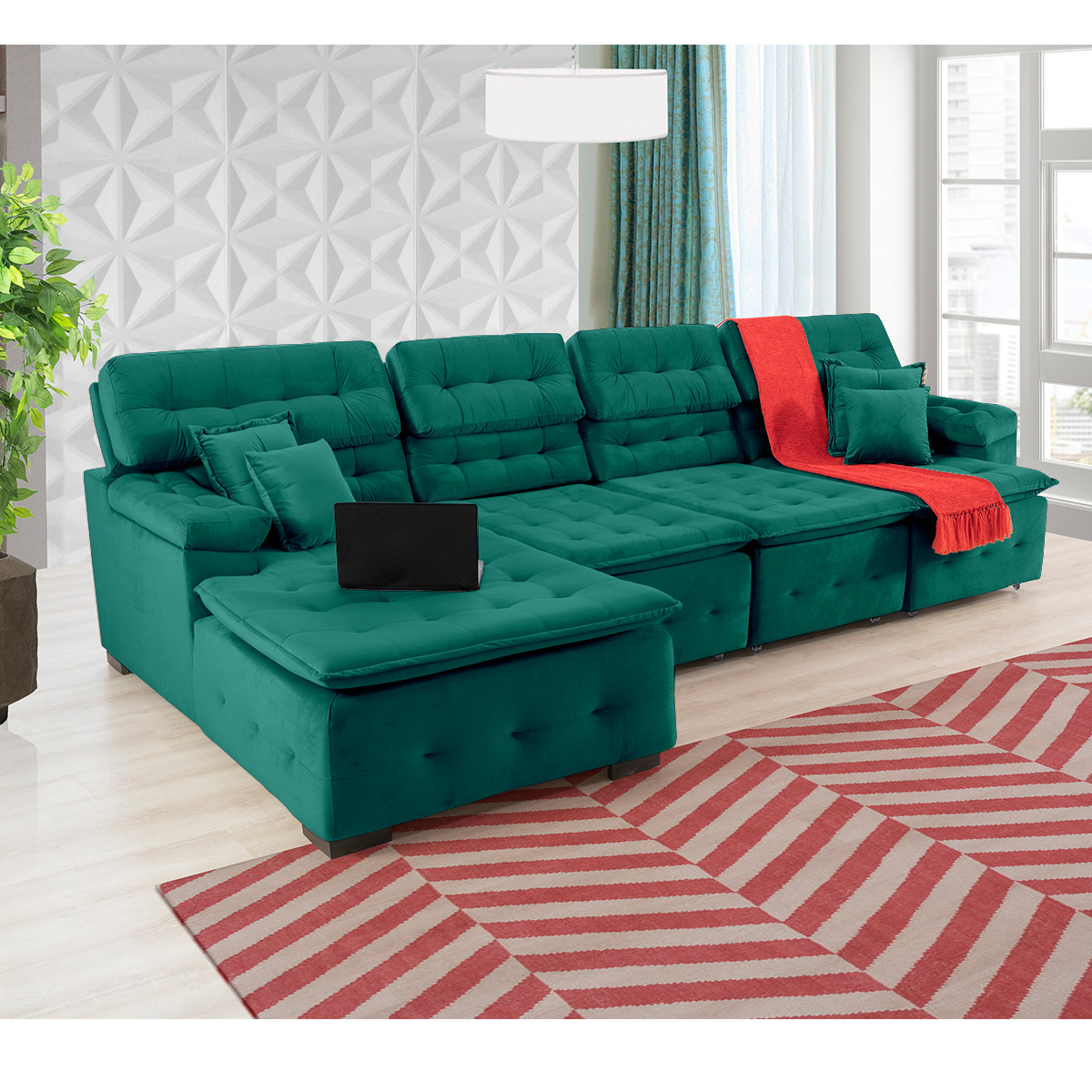 Sofá Orlando 3.45x2.10m com Chaise, Retrátil e Reclinável - Verde