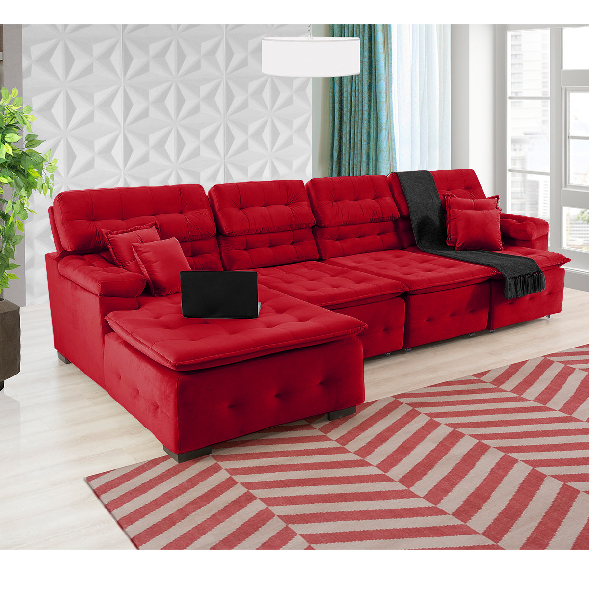 Sofá Orlando 3.45x2.10m com Chaise, Retrátil e Reclinável - Vermelho