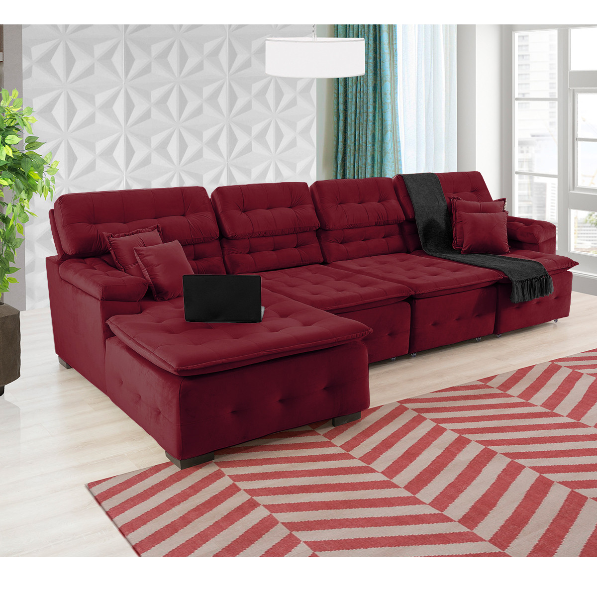 Sofá Orlando 3.45x2.10m com Chaise, Retrátil e Reclinável - Vinho