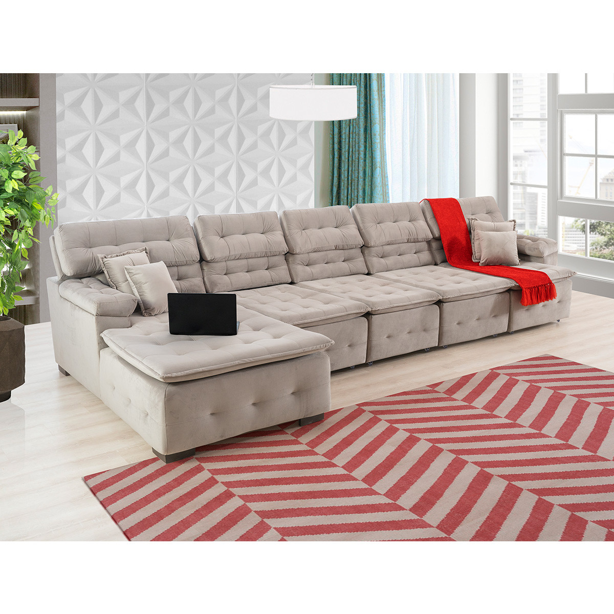 Sofá Orlando 4.20x2.10m com Chaise, Retrátil e Reclinável - Avelã