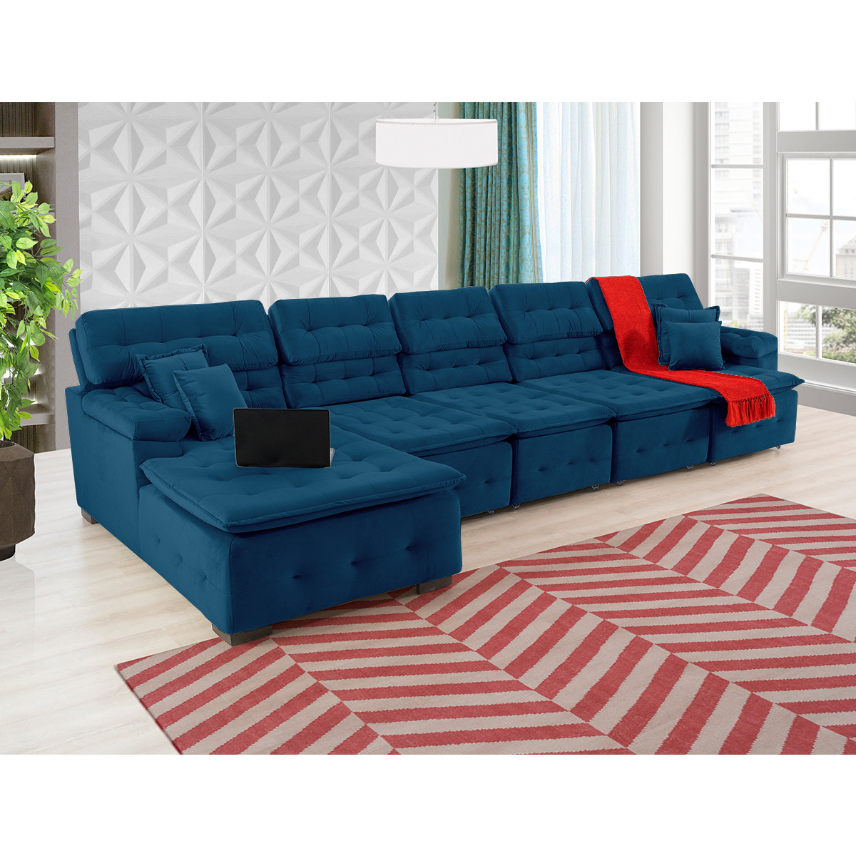 Sofá Orlando 4.20x2.10m com Chaise, Retrátil e Reclinável - Azul