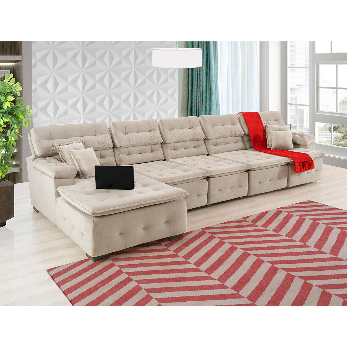 Sofá Orlando 4.20x1.90m com Chaise, Retrátil e Reclinável - Bege