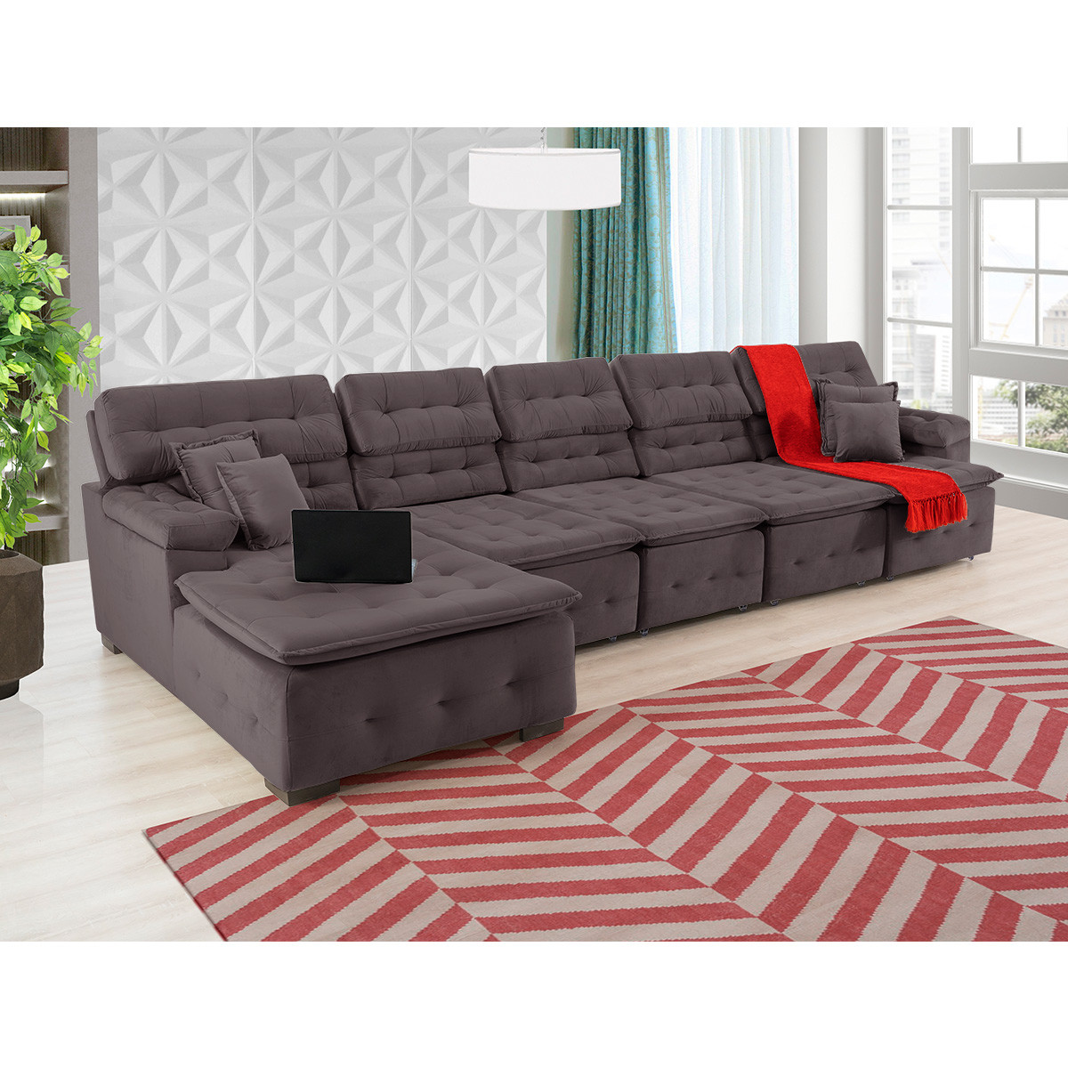 Sofá Orlando 4.20x2.10m com Chaise, Retrátil e Reclinável - Marrom