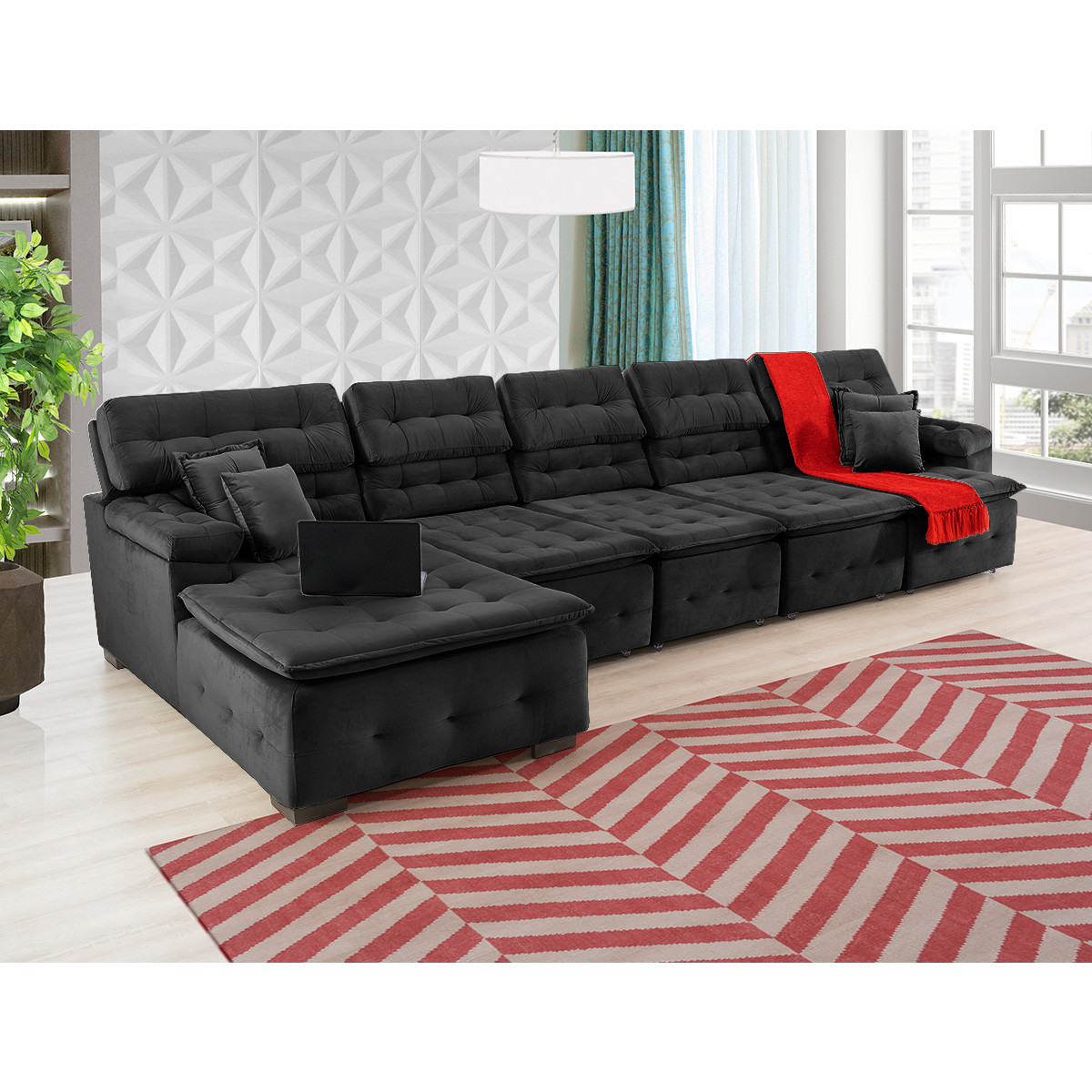 Sofá Orlando 4.20x2.10m com Chaise, Retrátil e Reclinável - Preto