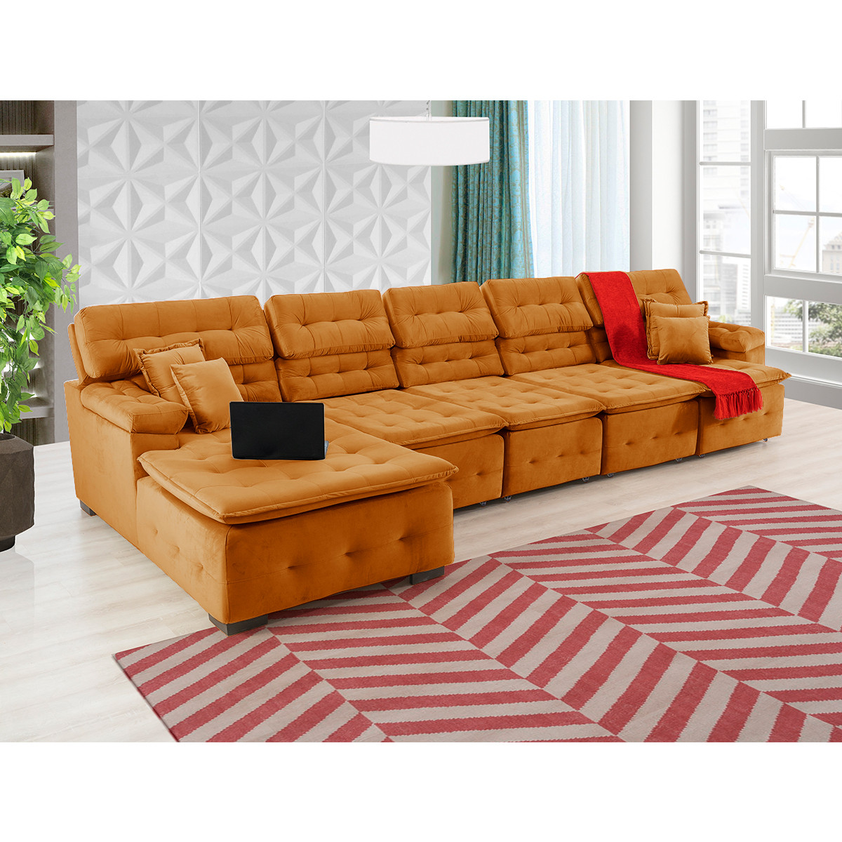 Sofá Orlando 4.20x2.10m com Chaise, Retrátil e Reclinável - Terra