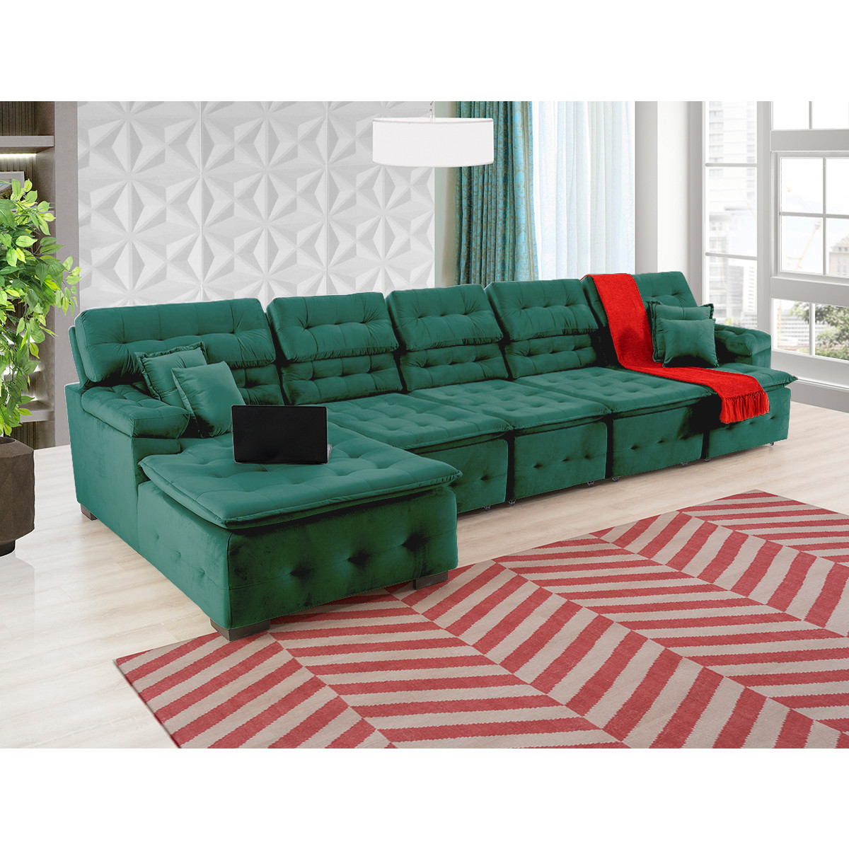 Sofá Orlando 4.20x2.10m com Chaise, Retrátil e Reclinável - Verde