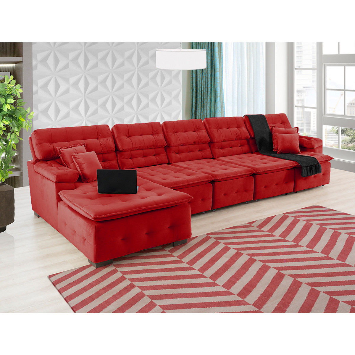 Sofá Orlando 4.20x2.10m com Chaise, Retrátil e Reclinável - Vermelho