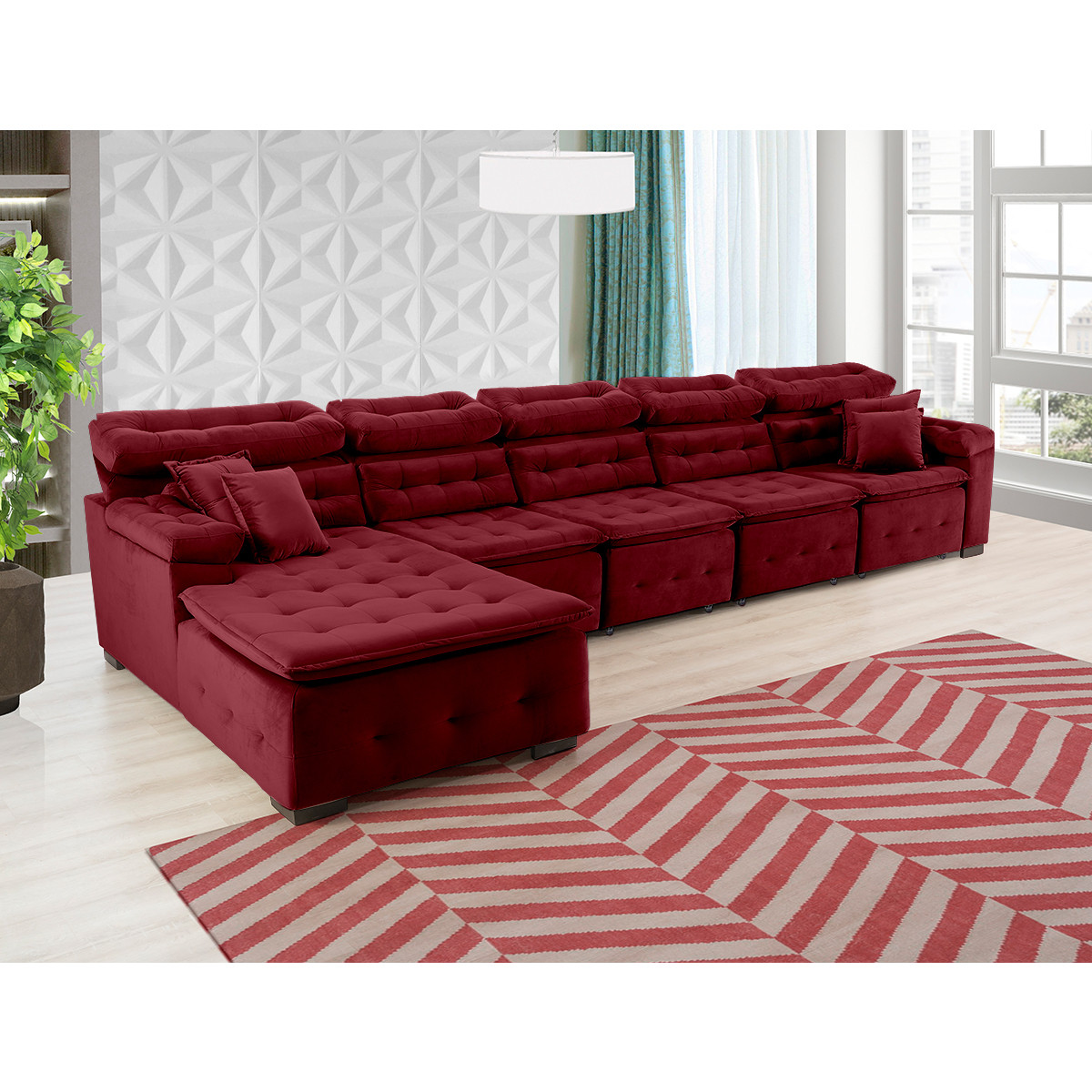 Sofá Orlando 4.20x1.70m com Chaise, Retrátil e Reclinável - Vinho