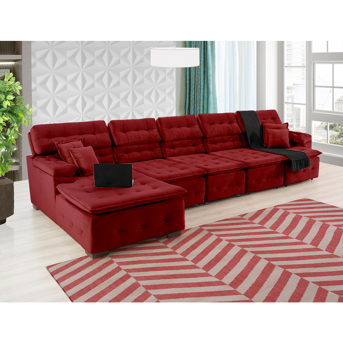 Sofá Orlando 4.20x2.10m com Chaise, Retrátil e Reclinável - Vinho